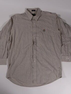 Button-Up Plaid Shirt with Crest Logo - Beige and Brown 100% cotton made in USA